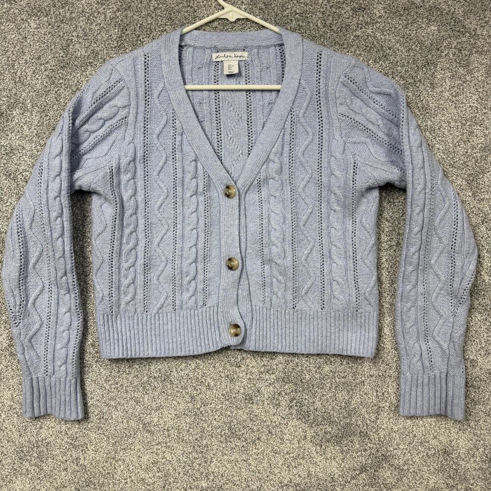 London Kaye Cardigan Sweater Womens L Blue Cable Knit Button Classic Cozy Preppy